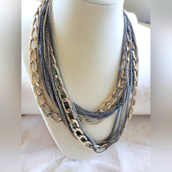 Tri-Color Gold/Silver Tone Chunky Multi-Chain Layered Statement Necklace - Picture 3 of 8
